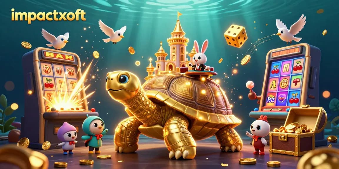 Play exciting games at impactxoft with golden tortoise casino illustration showcasing vibrant 3D elements.