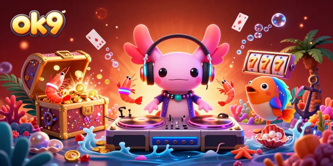 Engage with ok9's colorful casino experience featuring an axolotl DJ, gold coins, and vibrant casino elements.