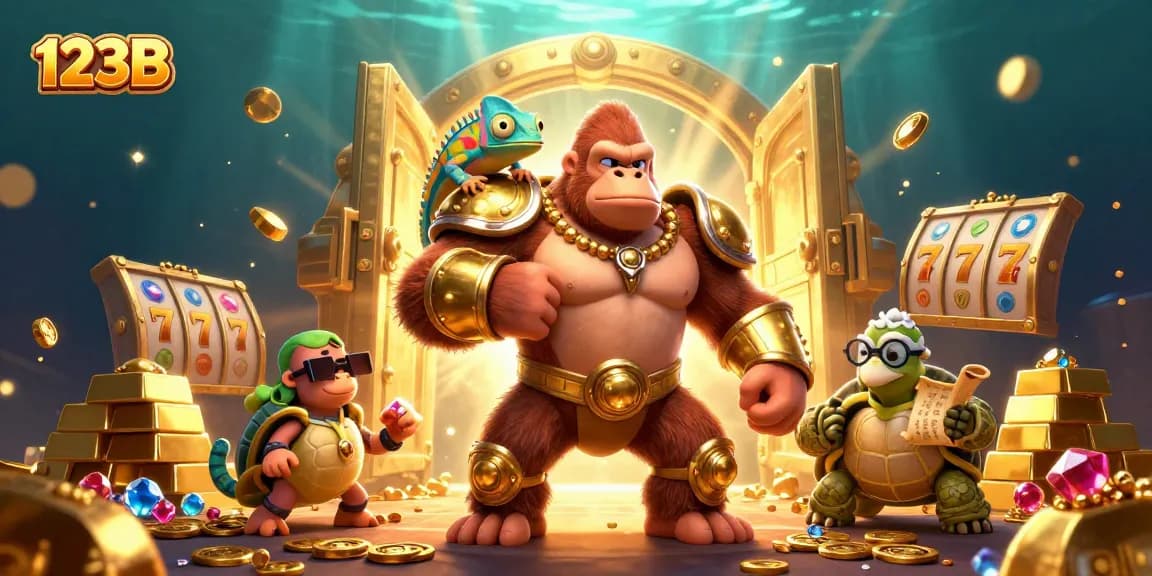 Engage with 123B in a vibrant 3D casino scene featuring golden treasures and lively characters.