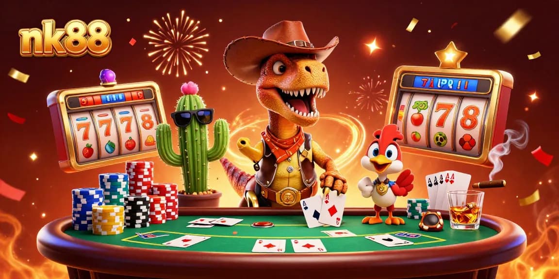 Experience thrilling wins with nk88's vibrant online casino illustration featuring dynamic gameplay elements.
