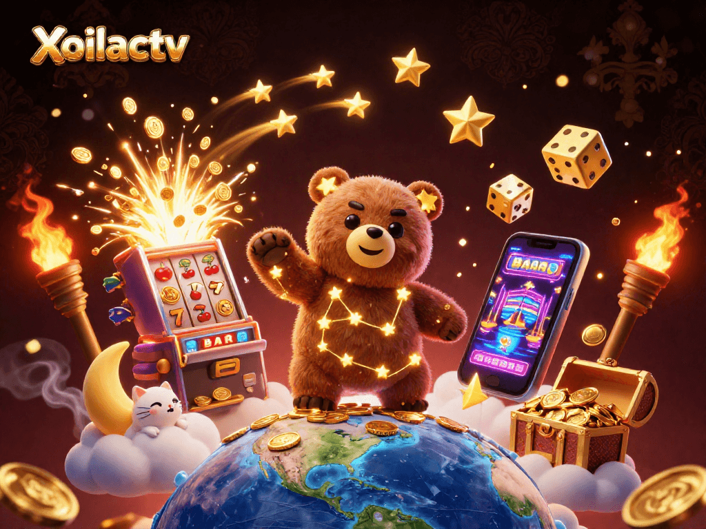Xoilactv promotes thrilling jackpot excitement with a bear scooping coins amidst dynamic slot game visuals.