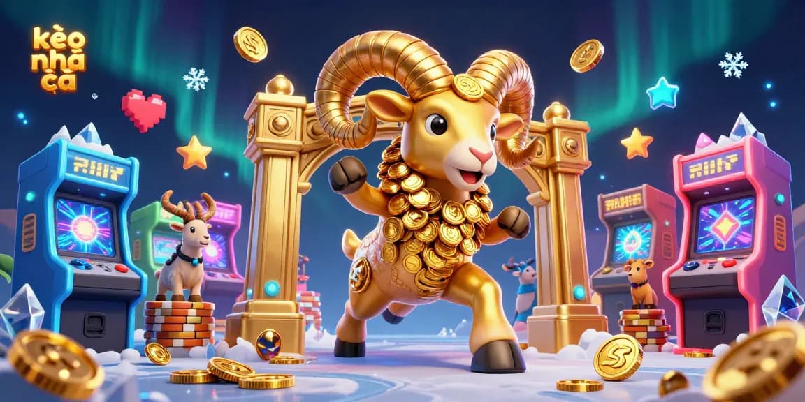 Engaging scene of kèo nhà cái featuring a golden ram charging through vibrant gaming elements in a lively casino.