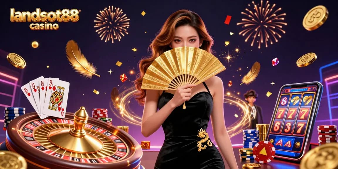 Engage with the landslot88 casino's vibrant gaming atmosphere featuring an elegant Asian woman and dynamic casino elements.