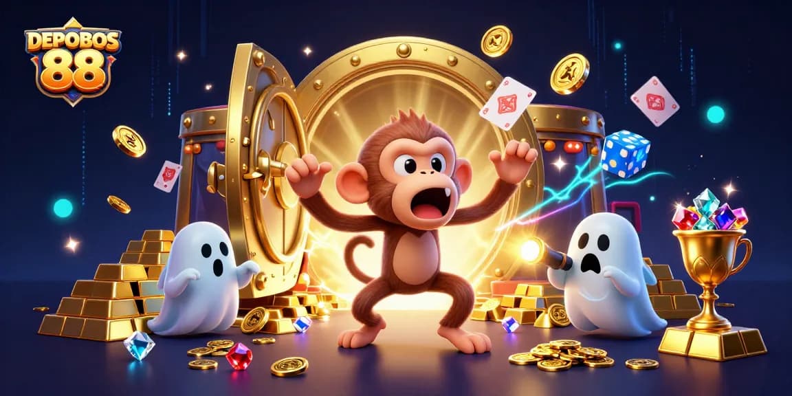 DEPOBOS 88 showcases a playful ghost-hunter puppy tracking a mischievous casino monkey juggling golden treasures.