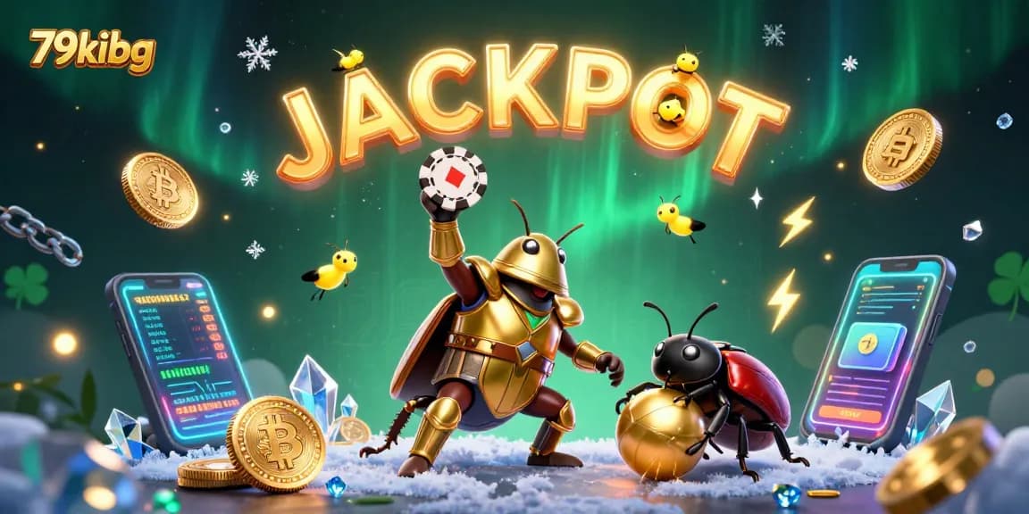 79kibg celebrates a casino victory with cartoon beetles and glowing coins in a vibrant scene.