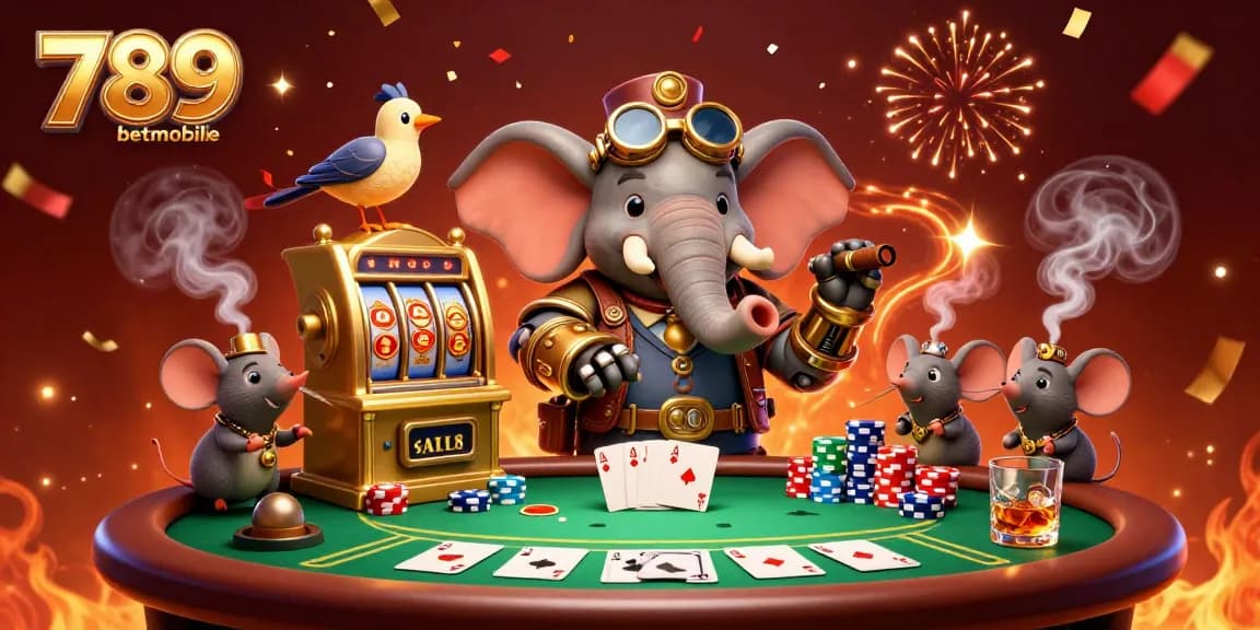 Experience the excitement of 789betmobile with a steampunk elephant operating a slot machine amidst vibrant casino elements.