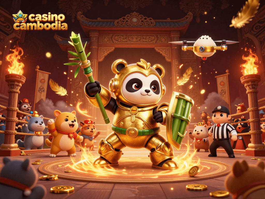 Engage in casino Cambodia with a thrilling 3D panda in a colorful gambling arena, showcasing vibrant elements.