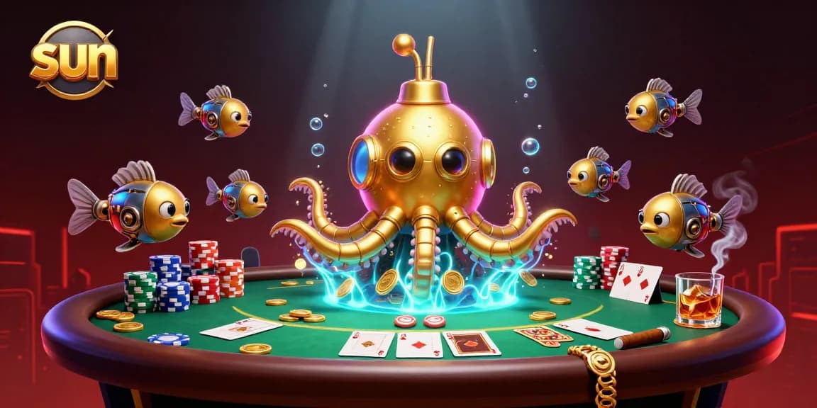 Experience thrilling games with the sun-themed casino illustration featuring a golden kraken and poker elements.