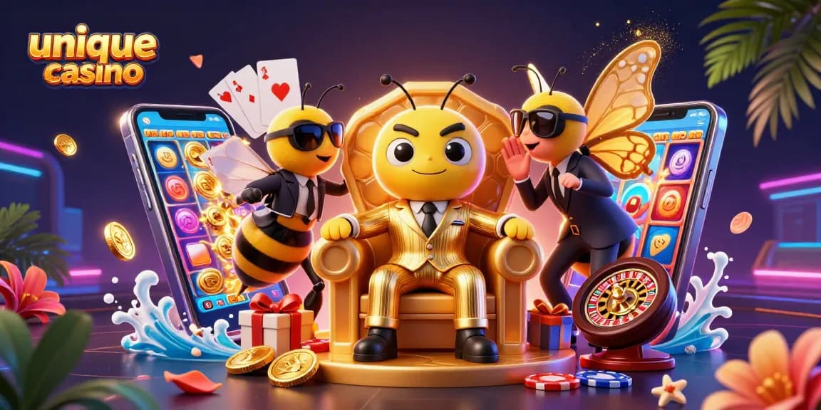 Gira el jackpot en un unique casino con un jefe abeja en su trono rodeado de premios y emoción.