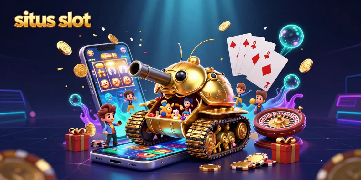 Spin and win with situs slot featuring a vibrant casino scene from a golden beetle tank, coins and excitement abound.
