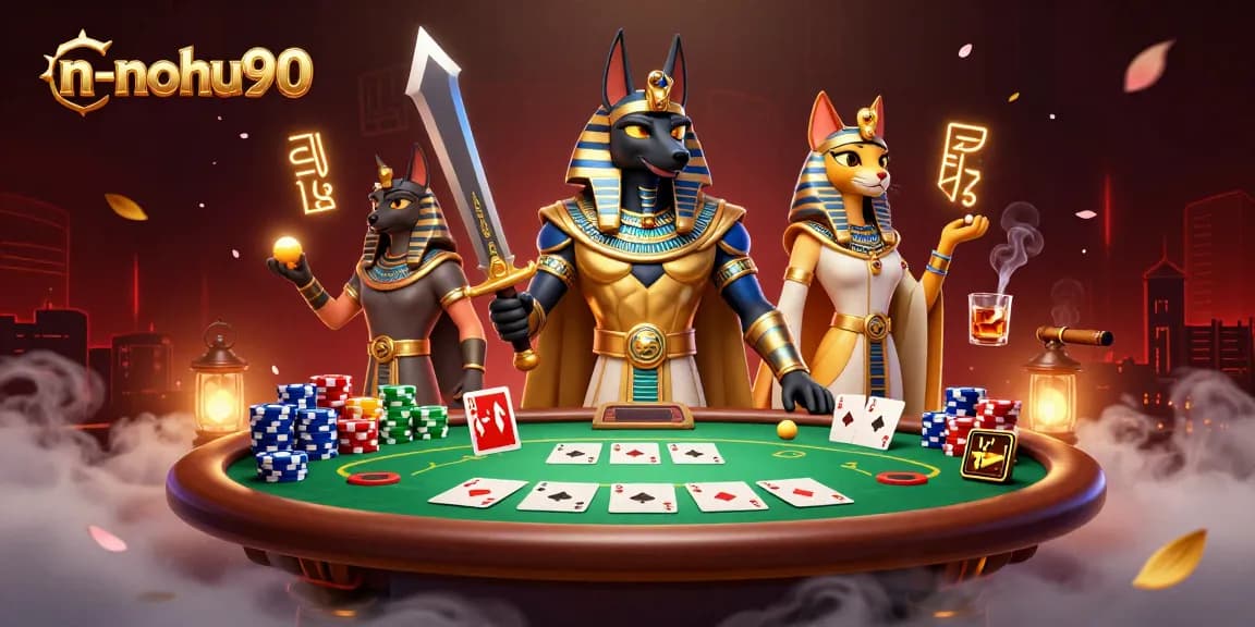 N-nohu90 slots gameplay with Anubis and Bastet in a rich casino scene showcasing exciting gambling elements.