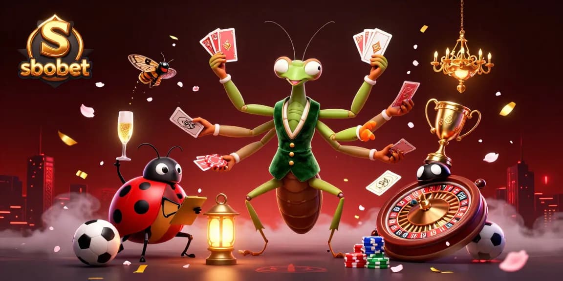 Exciting sbobet sports betting scene featuring a mantis dealer and ladybug pit boss amidst dynamic elements.