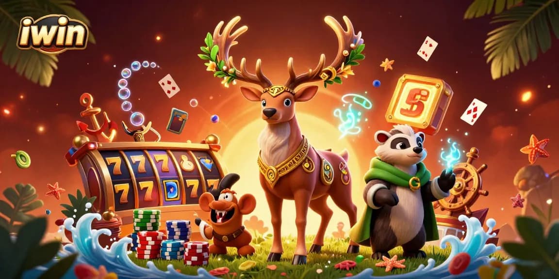 Experience exciting gameplay with iwin's vibrant 3D casino illustration showcasing spinning slot reels and magical characters.