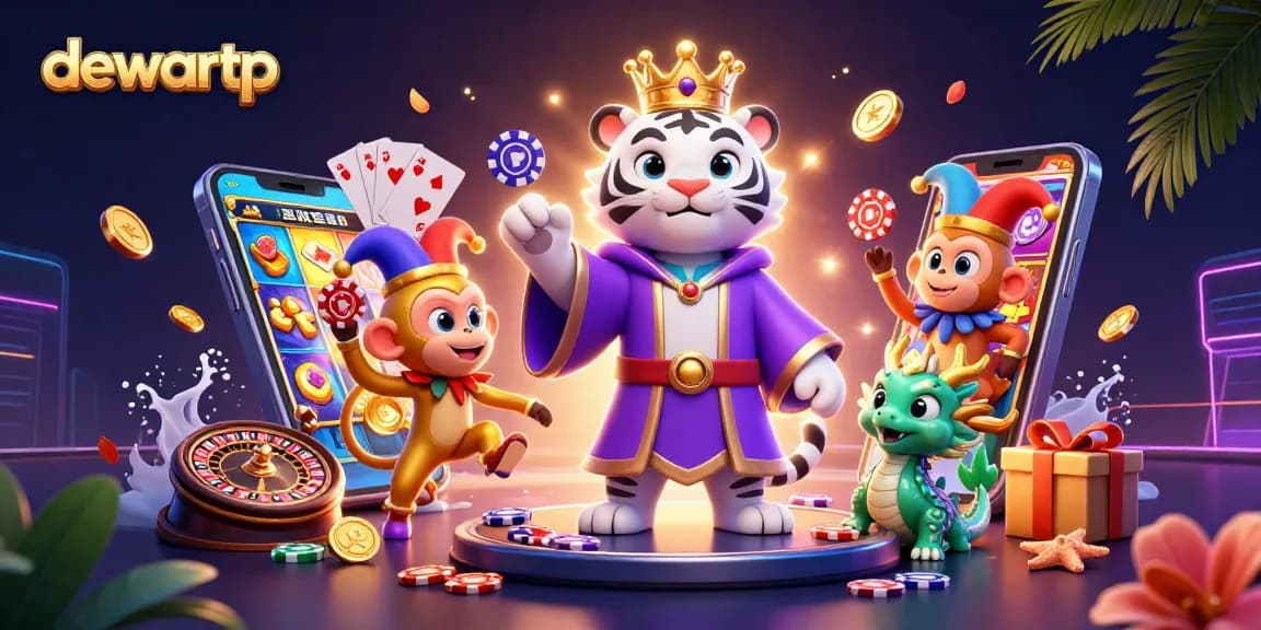 Permainan slot menarik di DEWARTP menampilkan harimau putih 3D dalam jubah ungu dan kerah emas yang bersinar.