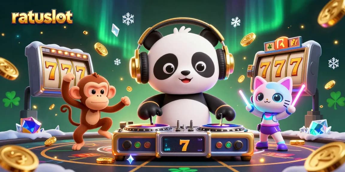 Experience thrilling gameplay at ratuslot with a lively digital illustration showing a DJ panda and friends in a casino setting.