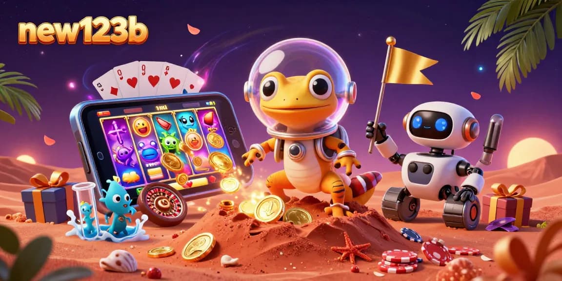 Experience thrilling gameplay at new123b with a vibrant casino scene featuring Martian gecko and robots!