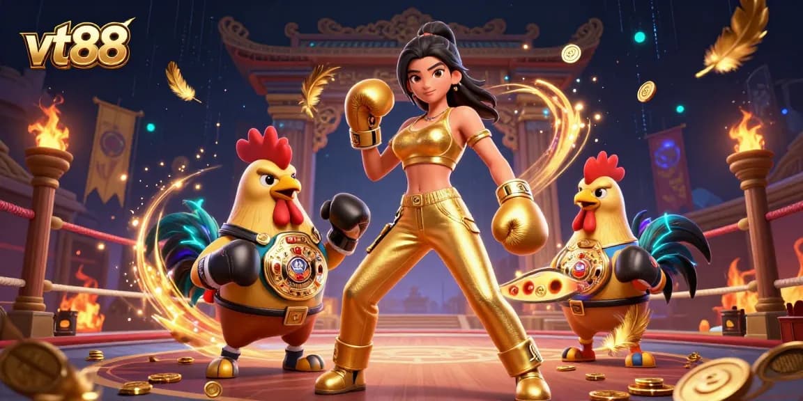 Experience thrilling action at vt88 with an athletic woman and a championship rooster in a dynamic casino setting.