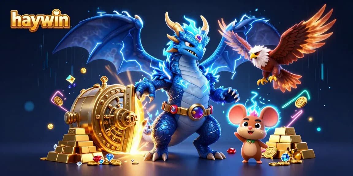 Engage with haywin's thrilling casino adventures through an electrifying 3D illustration, showcasing dragon and treasure.