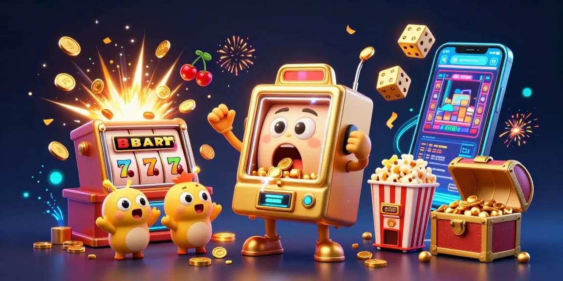 Experience slot777 excitement as the golden slot machine celebrates a jackpot with whimsical characters.