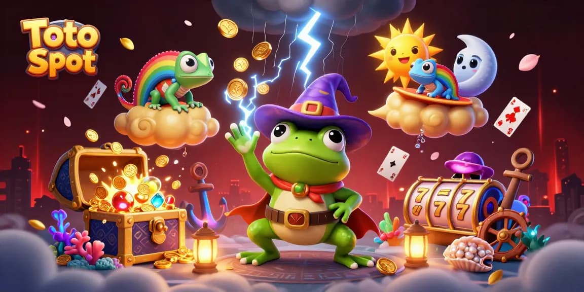 Toto Slot game scene with a weather wizard frog, coins, and playful chameleon on a golden cloud