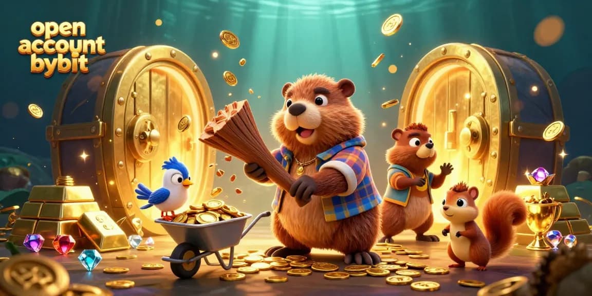 Open account bybit and enjoy a dynamic crypto trading scene with cartoon characters collecting gold.