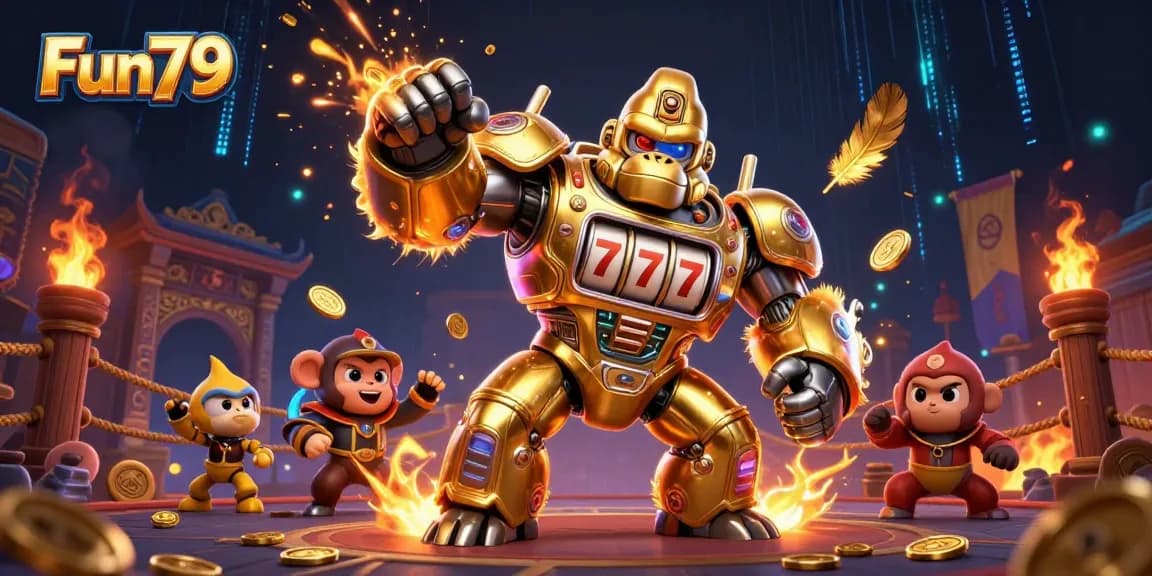 Experience thrilling fun with Fun79's golden gorilla mech amidst vibrant casino elements.