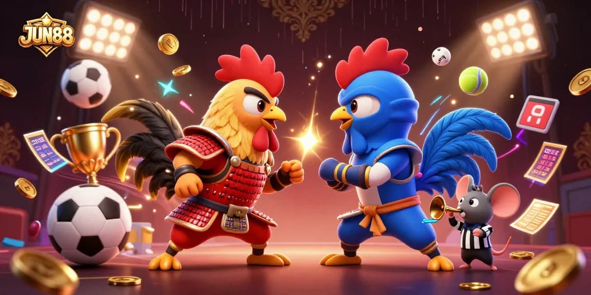 Engage with JUN88's electrifying virtual duel featuring fighting roosters and dynamic game elements.