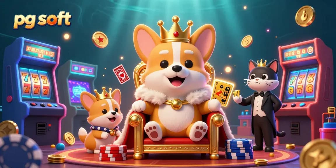 Spin and win with pg soft's vibrant slot games featuring a joyful corgi and colorful machines.