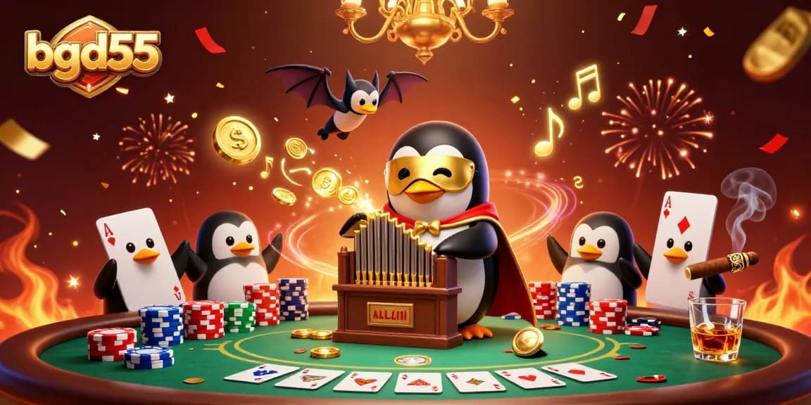 bgd55 engages players with a dynamic casino scene featuring gold coins, poker elements, and magical effects.