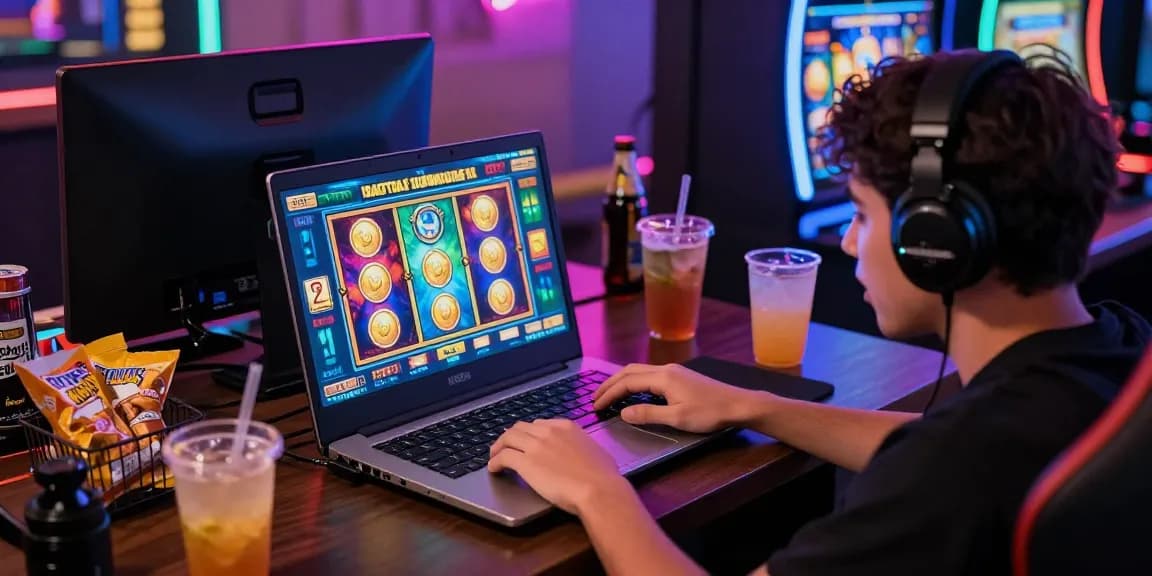 Pengalaman bermain slot gacor fujiwin88 yang mendebarkan dengan fokus pada pemain di depan laptop.