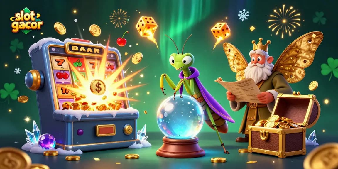 Experience vibrant slot gacor action with a cartoon fortune teller and magical casino elements in a dynamic 3D illustration.