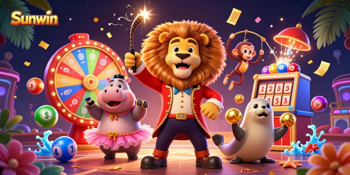 Spin and win with Sunwin in a vibrant 3D casino illustration featuring a lively circus theme.
