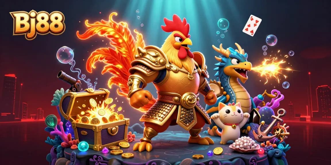 Bj88 captivates players as a fighting rooster warrior and dragon hatchling team amidst treasures.