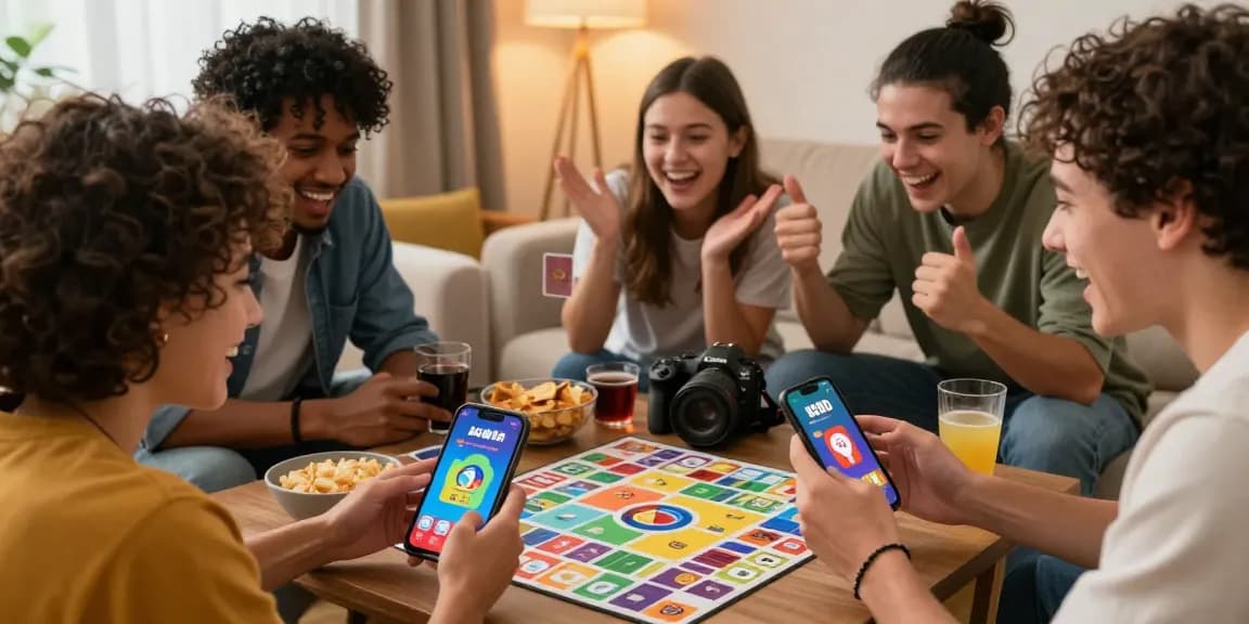 Play now Card Rummy on smartphone with friends in a cozy setting, highlighting social gaming excitement.