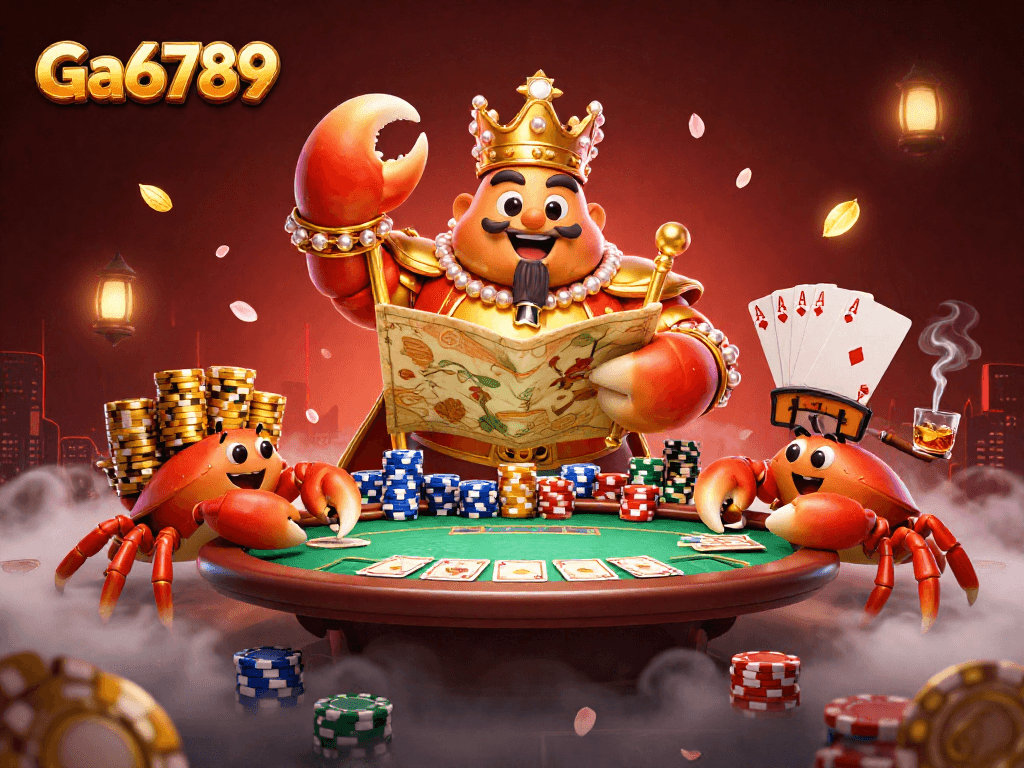 Experience the vibrant Ga6789 gambling scene featuring a golden crab emperor amidst poker elements.