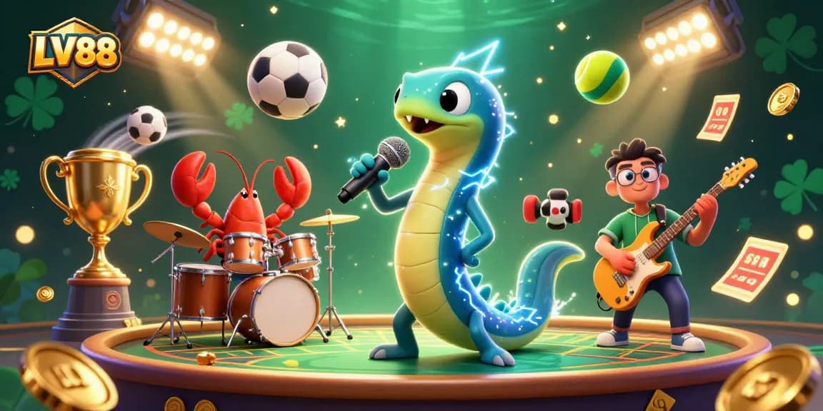 Experience the excitement of LV88's underwater casino with a DJ eel and backup band, showcasing vibrant games and elements.