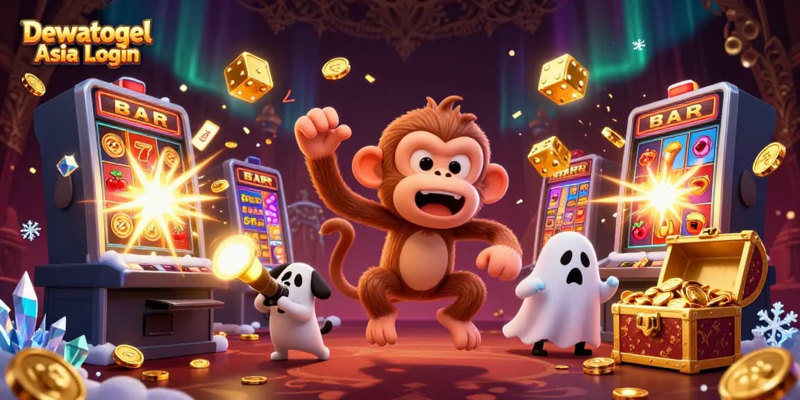 Dewatogel Asia Login showcases a playful 3D poltergeist monkey juggling golden casino elements in a vibrant haunted casino scene.