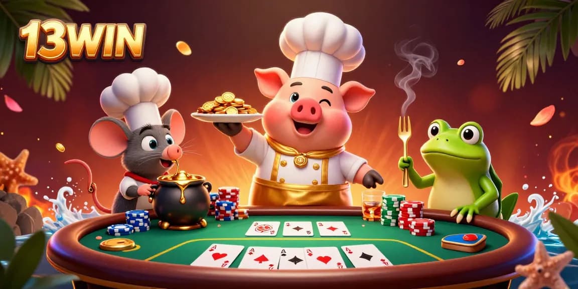 Experience the excitement of 13WIN with a pig chef serving gold coins at a vibrant casino scene.