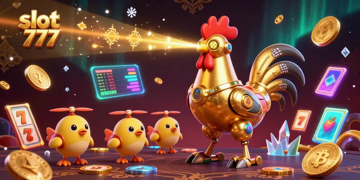 Spin the reels with slot 777 as a golden rooster robot engages in a vibrant casino adventure.