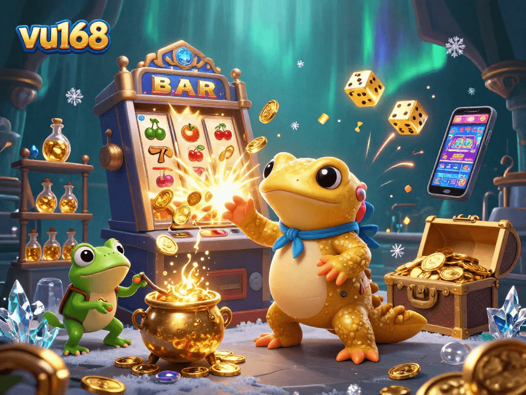 Experience the excitement of gambling at vu168 with a vibrant 3D illustration featuring a golden salamander alchemist and gaming elements.