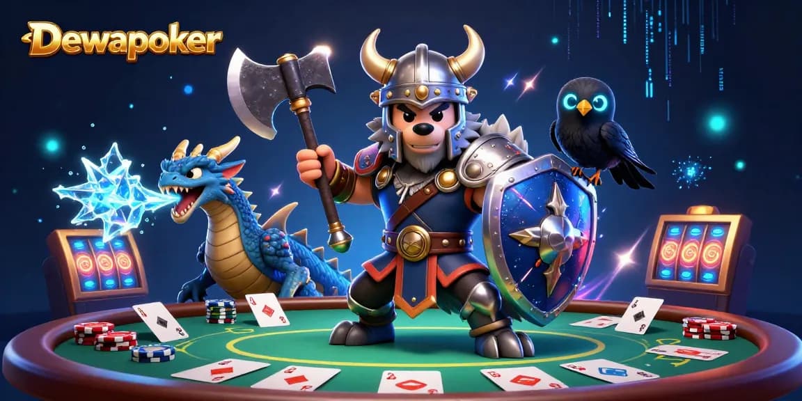 Dewapoker's vibrant 3D illustration showcases a wolf warrior and fierce dragon in a poker scene, emphasizing dynamic gameplay.