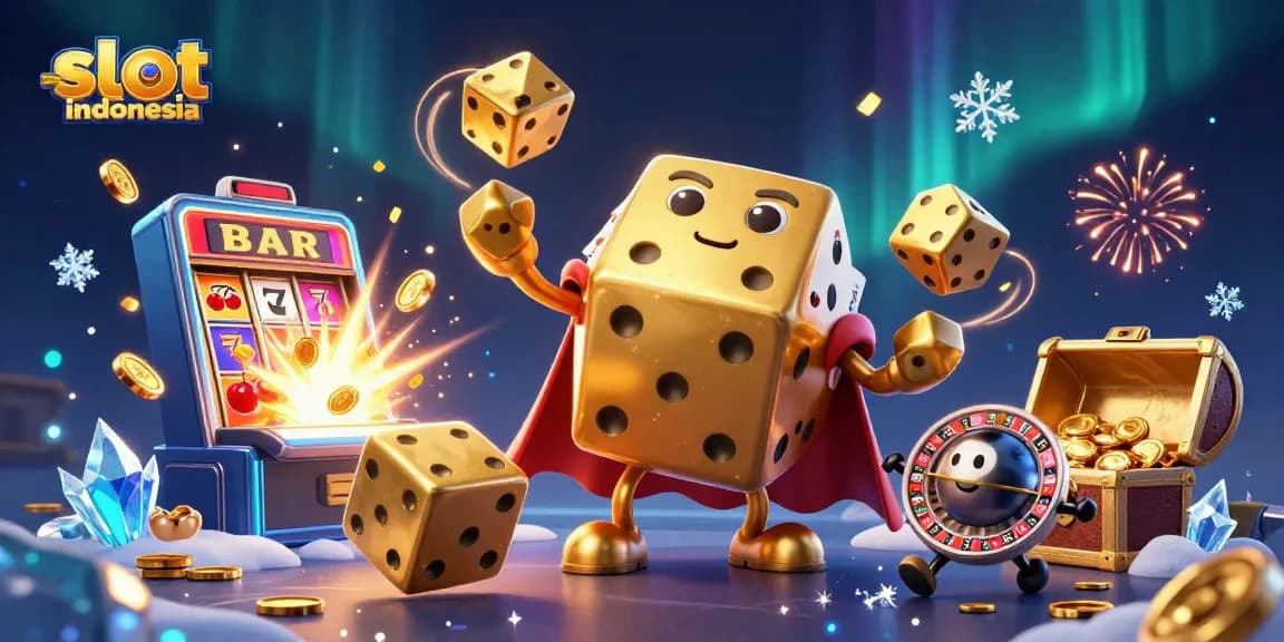 Slot resmi indonesia menghadirkan suasana kasino dengan dadu emas, mesin slot, dan peti harta karun berlimpah.