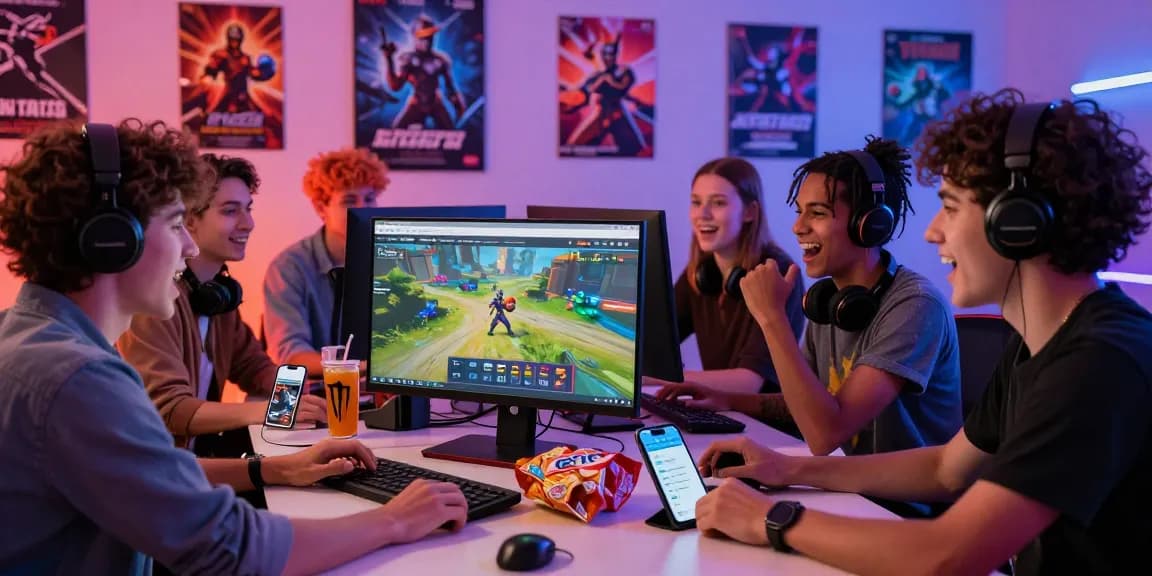 Friends enjoying an online slot game with deposit pulsa tanpa potongan feature, colorful gaming setup, casual atmosphere.