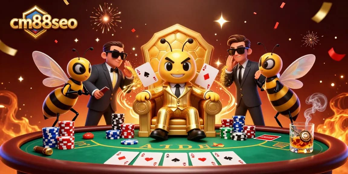 Win big with cm88seo at the poker table surrounded by vibrant gaming elements and lively characters.