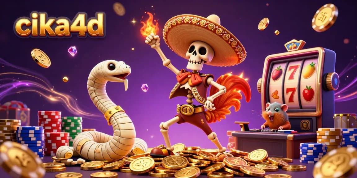 Cika4d showcases a jubilant 3D mariachi rooster winning big among cascading slot coins and vibrant game elements.