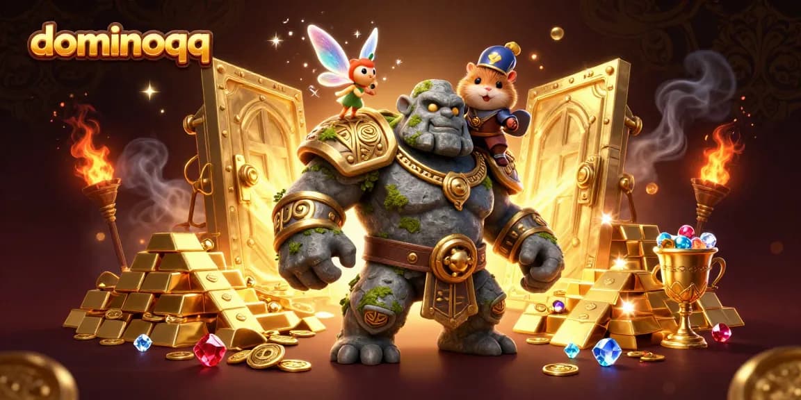 Engage with dominoqq gameplay through vibrant 3D illustration featuring a golem guardian and sparkling treasures.