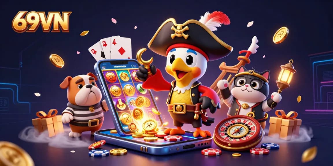 Experience thrilling slots action with 69VN's vibrant 3D casino scene featuring pirate characters.