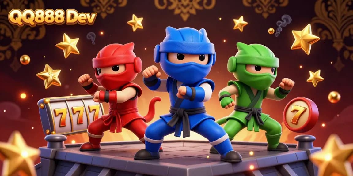 Engage with QQ888 Dev's vibrant casino experience featuring ninja chameleons in action amidst colorful gaming elements.