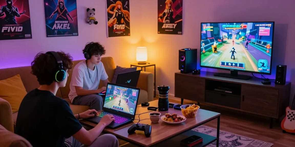 Exciting multiplayer gaming scene featuring a 3d ecchi game with friends in a cozy environment.