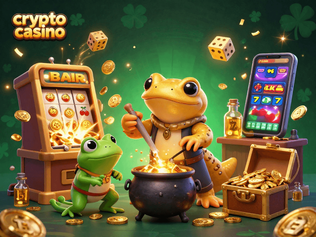 Experience the excitement of a crypto casino with a vibrant 3D illustration showcasing gaming action and magical elements.